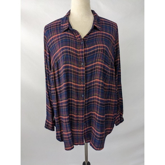 Lucky Brand Plaid Button Down Navy Blue Orange Gold Black Plus Size 1X Flannel - Picture 1 of 7